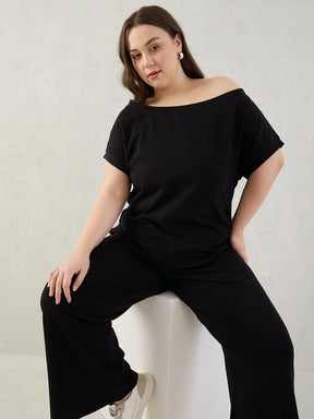Black Cotton Knit One Shoulder Co-Ord Set