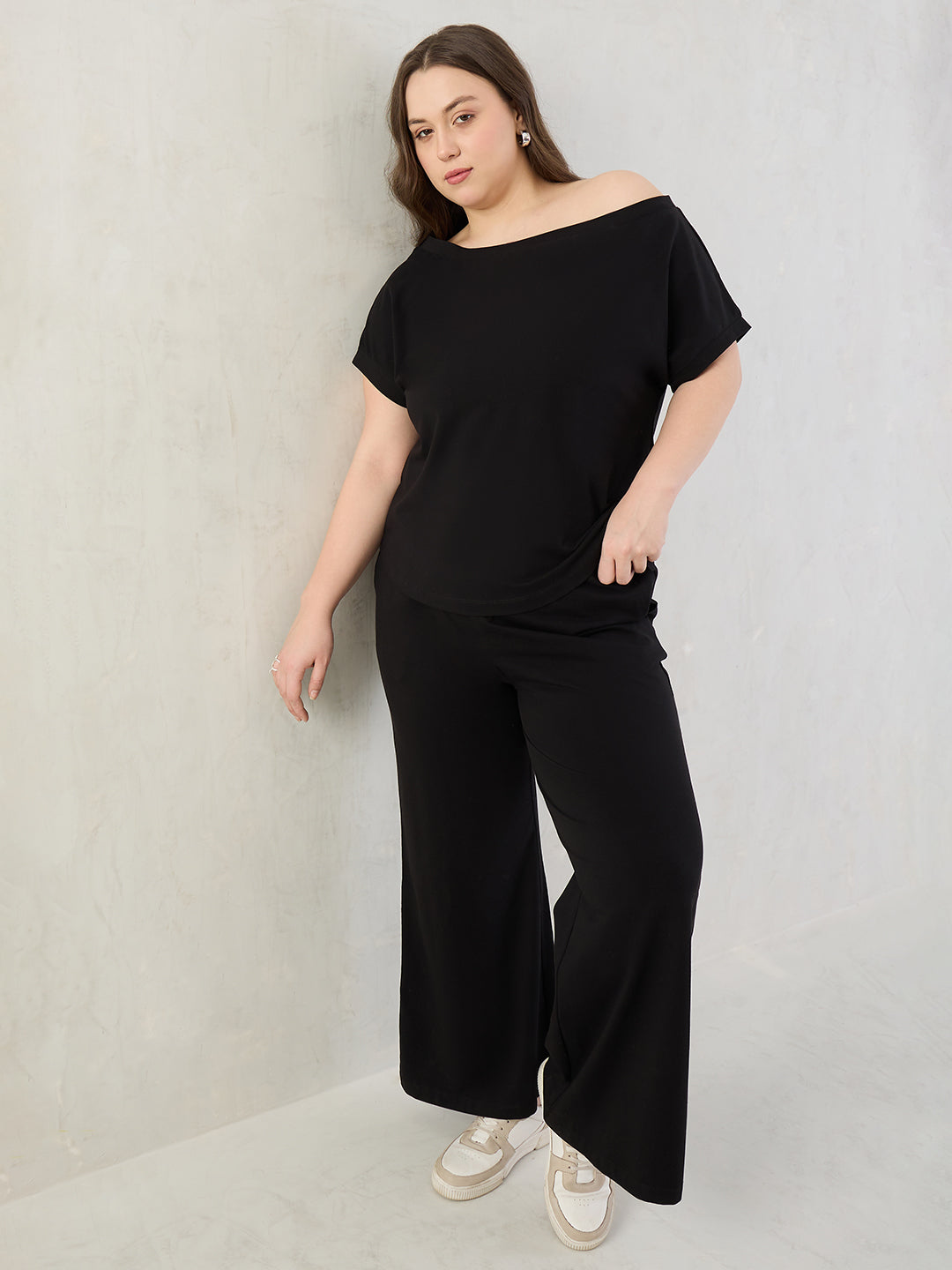 Black Cotton Knit One Shoulder Co-Ord Set