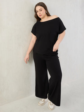 Black Cotton Knit One Shoulder Co-Ord Set