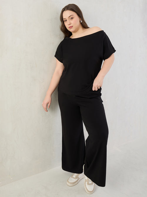 Black Cotton Knit One Shoulder Co-Ord Set
