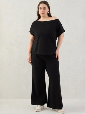 Black Cotton Knit One Shoulder Co-Ord Set