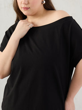Black Cotton Knit One Shoulder Co-Ord Set