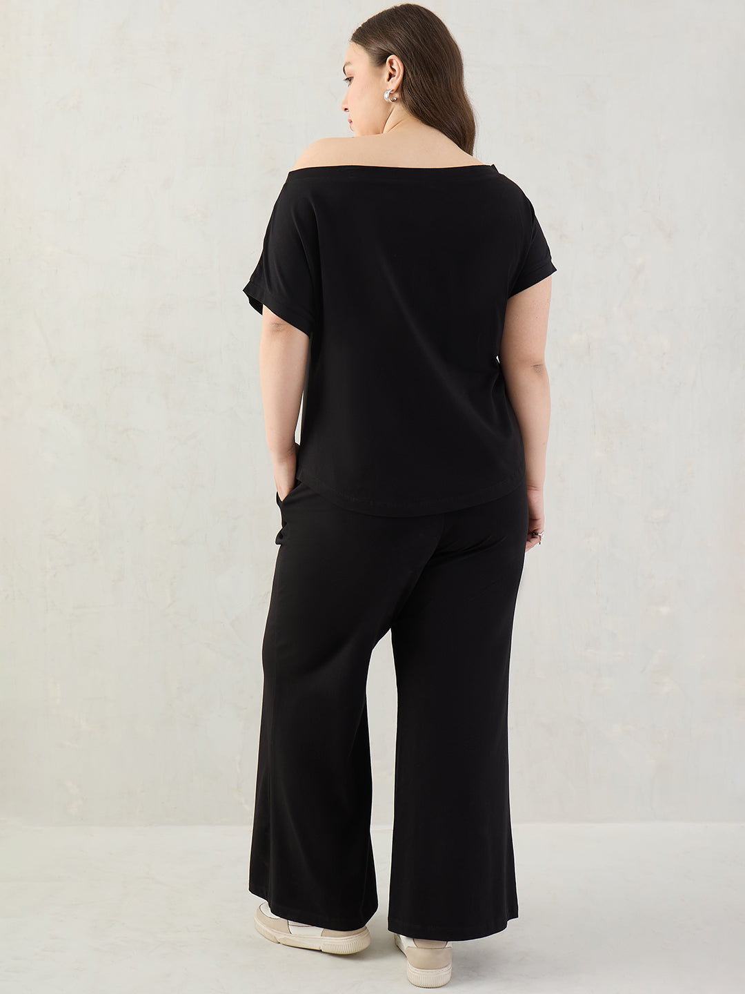 Black Cotton Knit One Shoulder Co-Ord Set