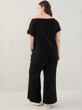 Black Cotton Knit One Shoulder Co-Ord Set