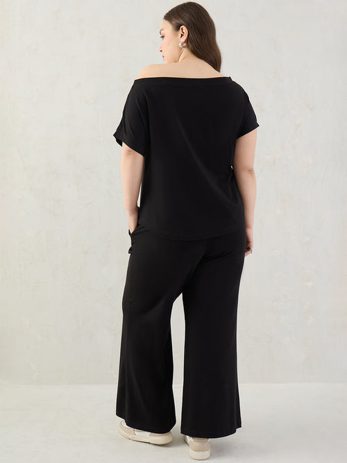 Black Cotton Knit One Shoulder Co-Ord Set