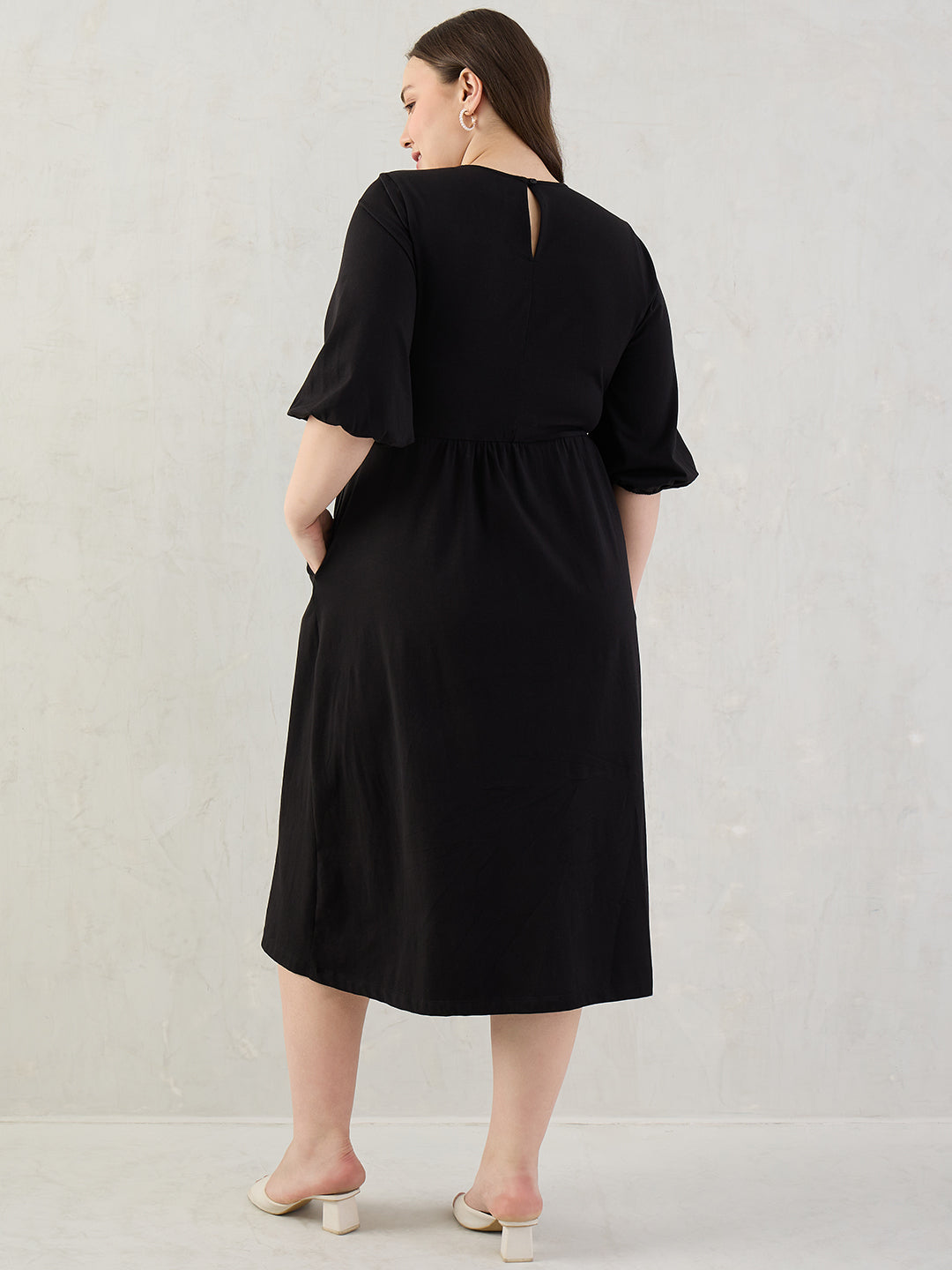 Black Cotton Knit Knitted Midi Dress
