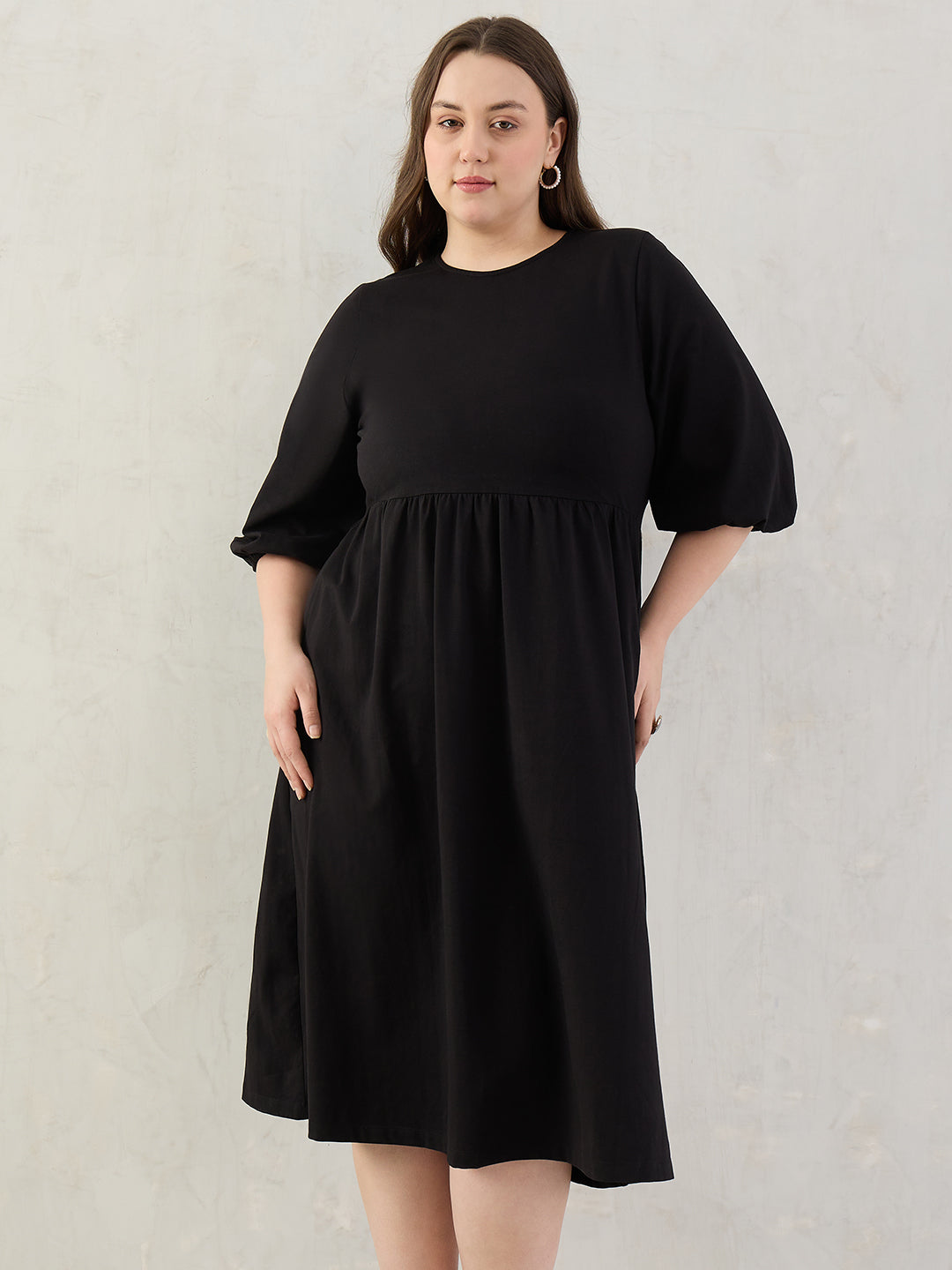Black Cotton Knit Knitted Midi Dress