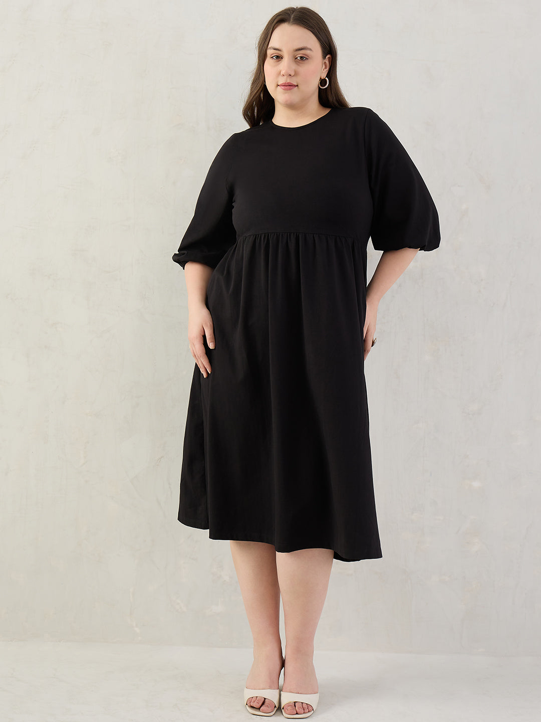 Black Cotton Knit Knitted Midi Dress