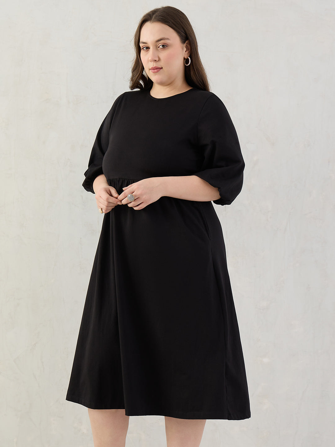 Black Cotton Knit Knitted Midi Dress