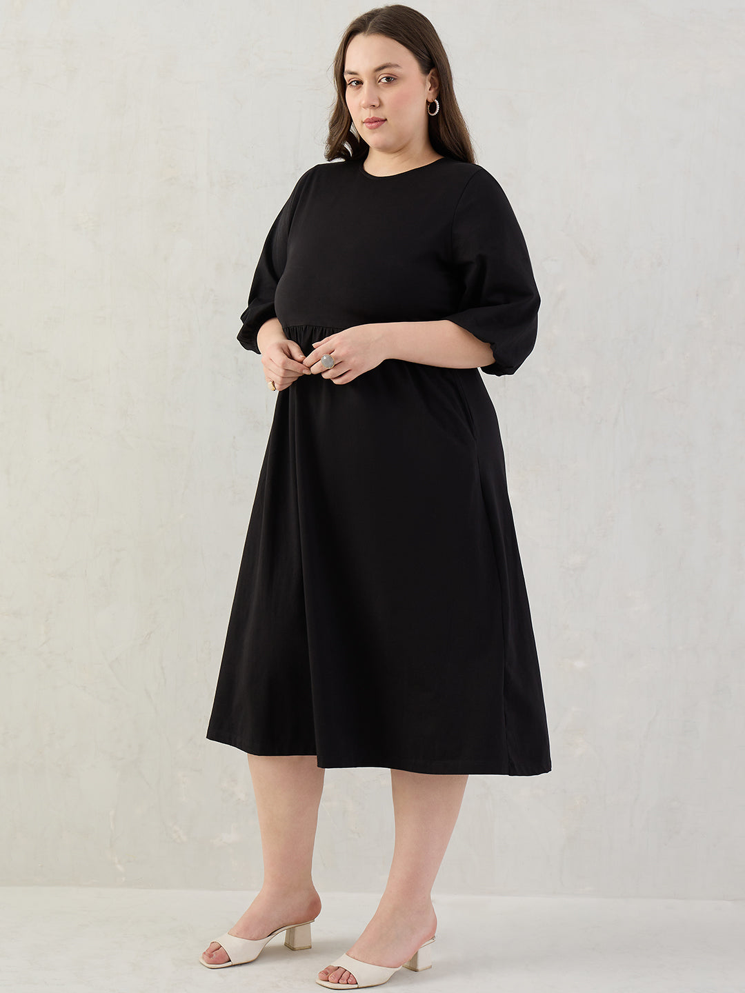 Black Cotton Knit Knitted Midi Dress