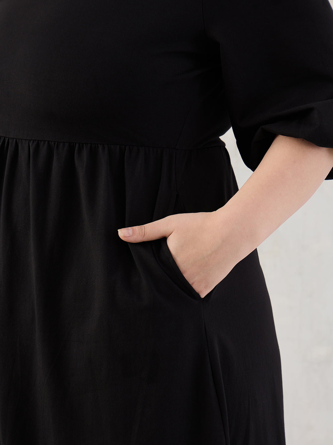 Black Cotton Knit Knitted Midi Dress