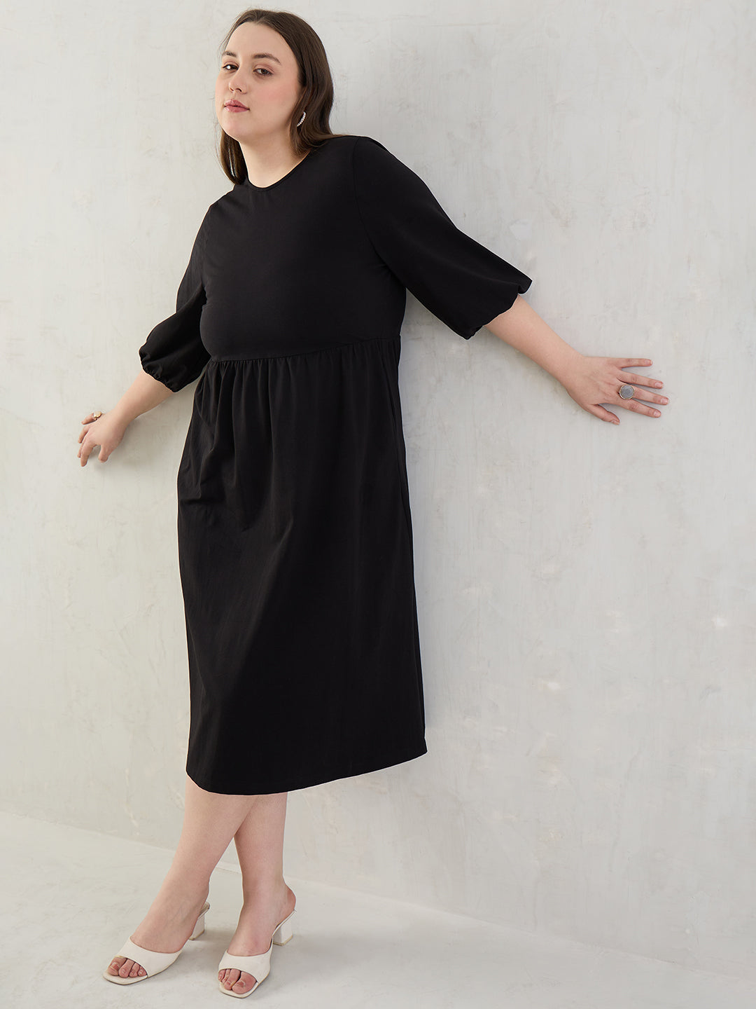 Black Cotton Knit Knitted Midi Dress