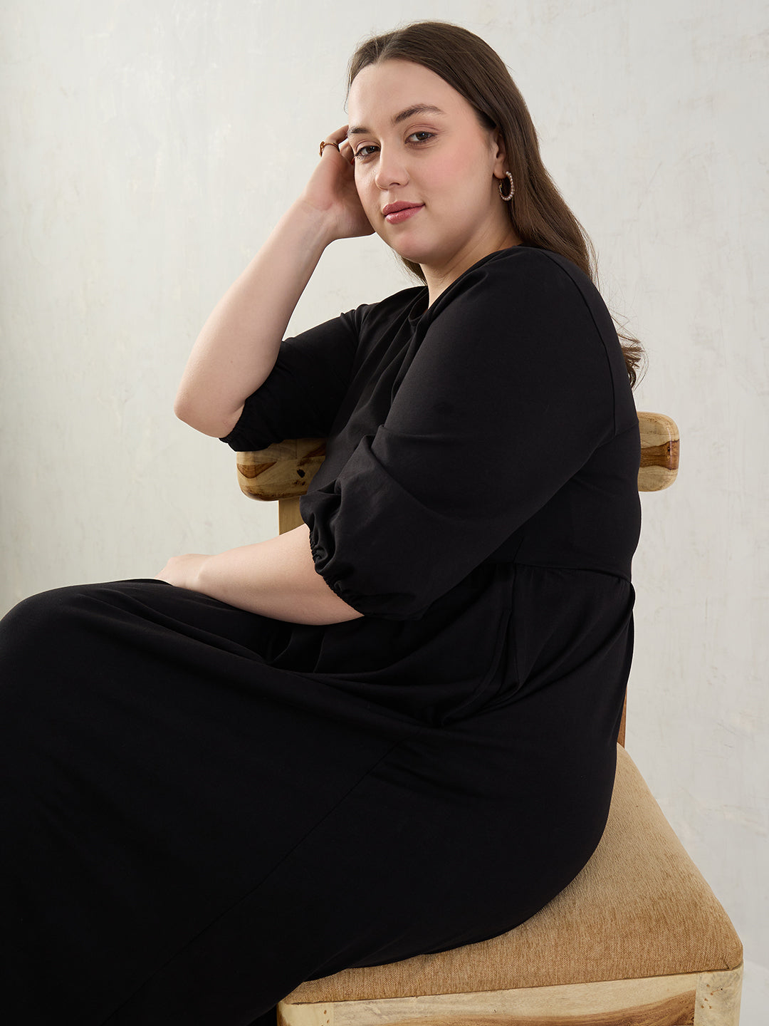 Black Cotton Knit Knitted Midi Dress