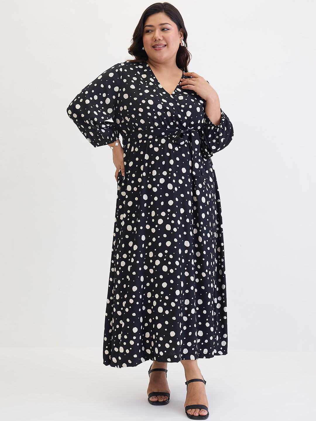 Black Polka Wrap Maxi Dress