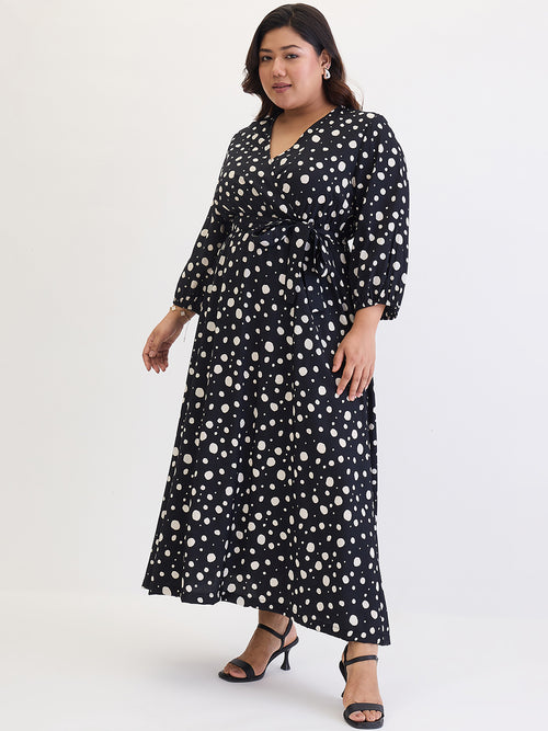 Black Polka Wrap Maxi Dress