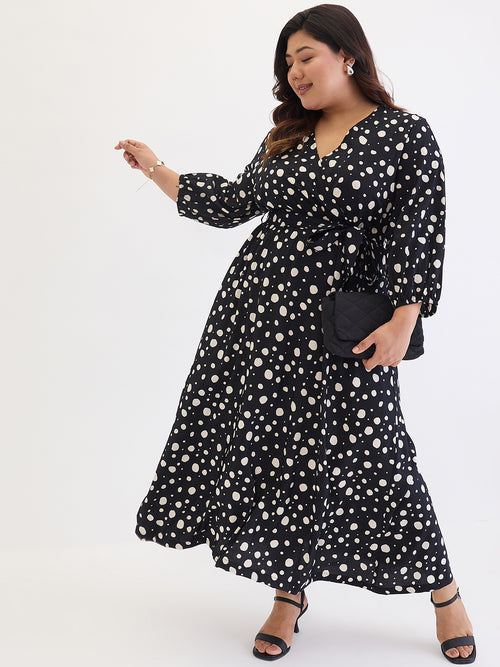 Black Polka Wrap Maxi Dress