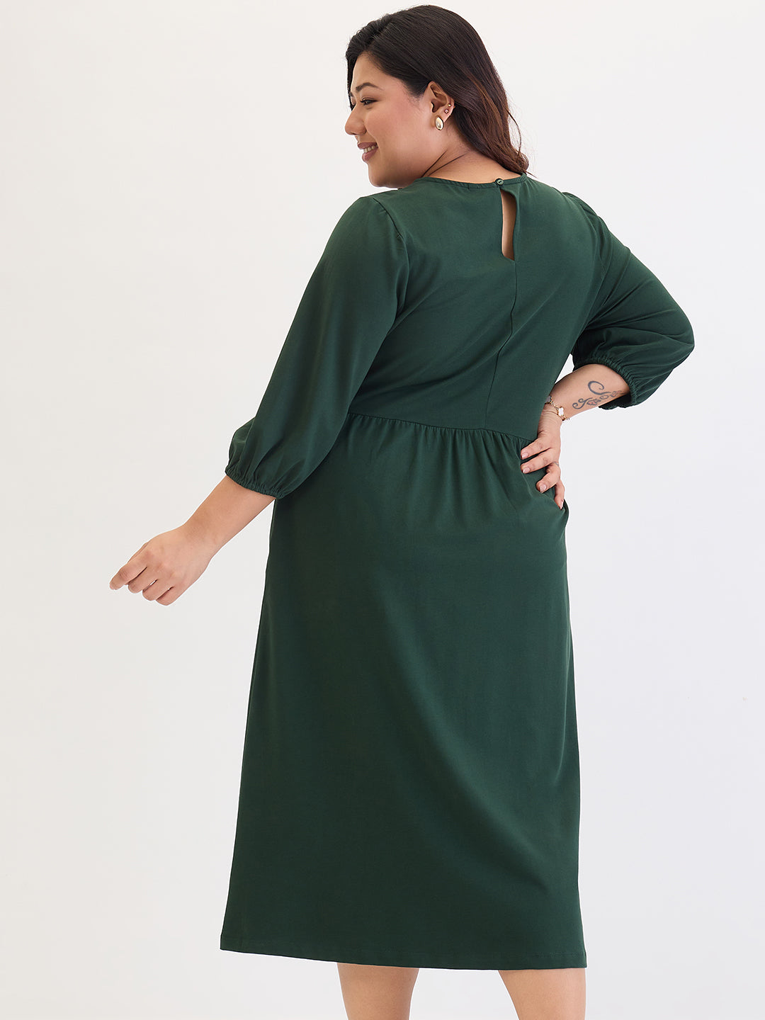 Forest Green Cotton Knit Knitted Midi Dress