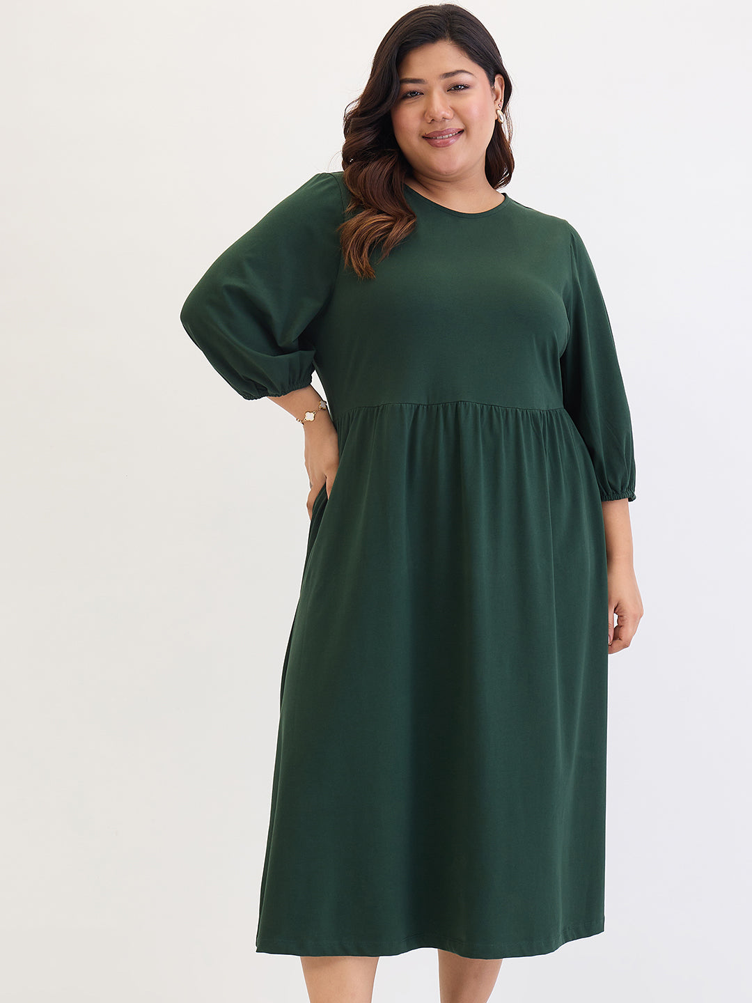 Forest Green Cotton Knit Knitted Midi Dress