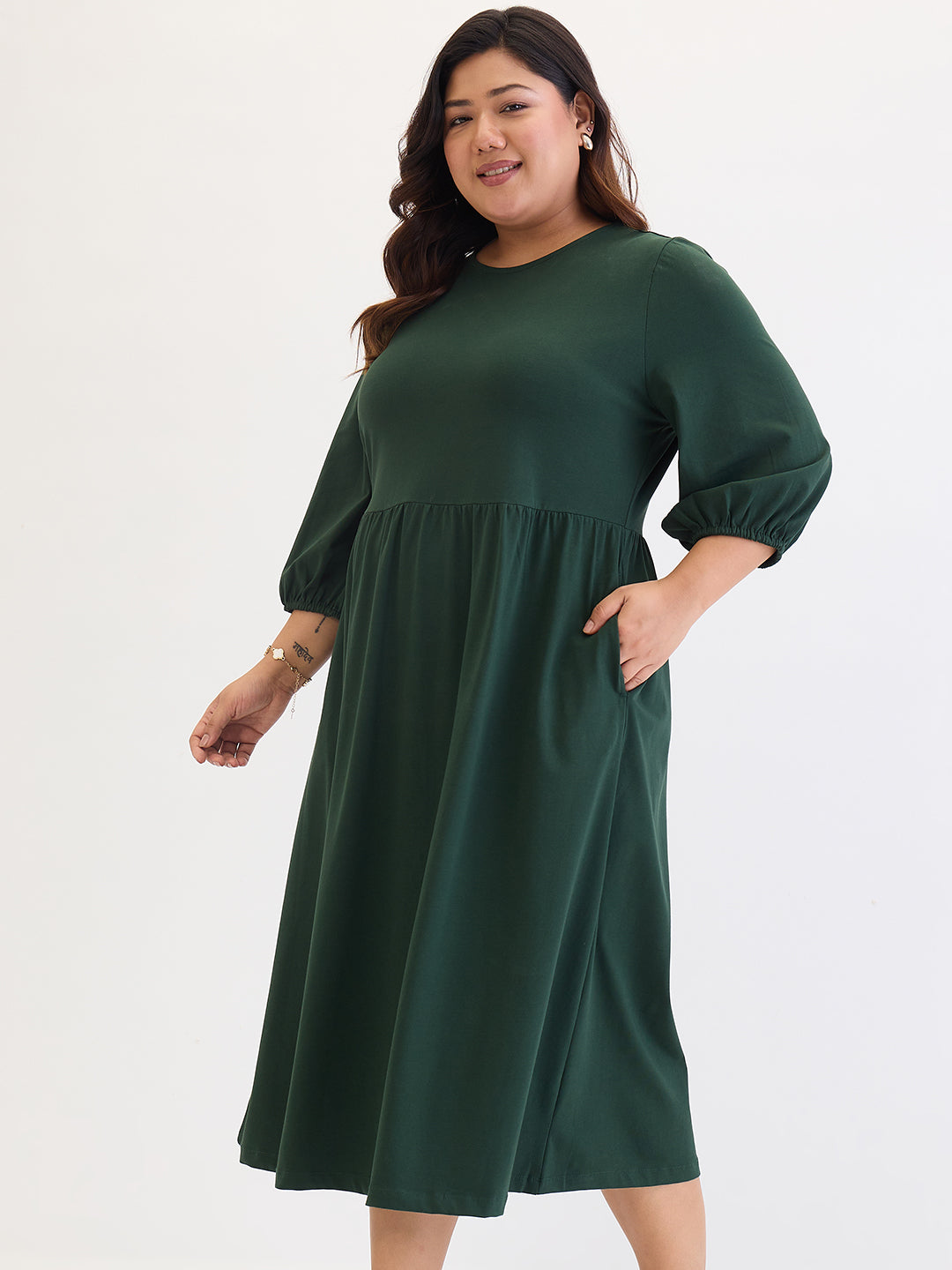 Forest Green Cotton Knit Knitted Midi Dress