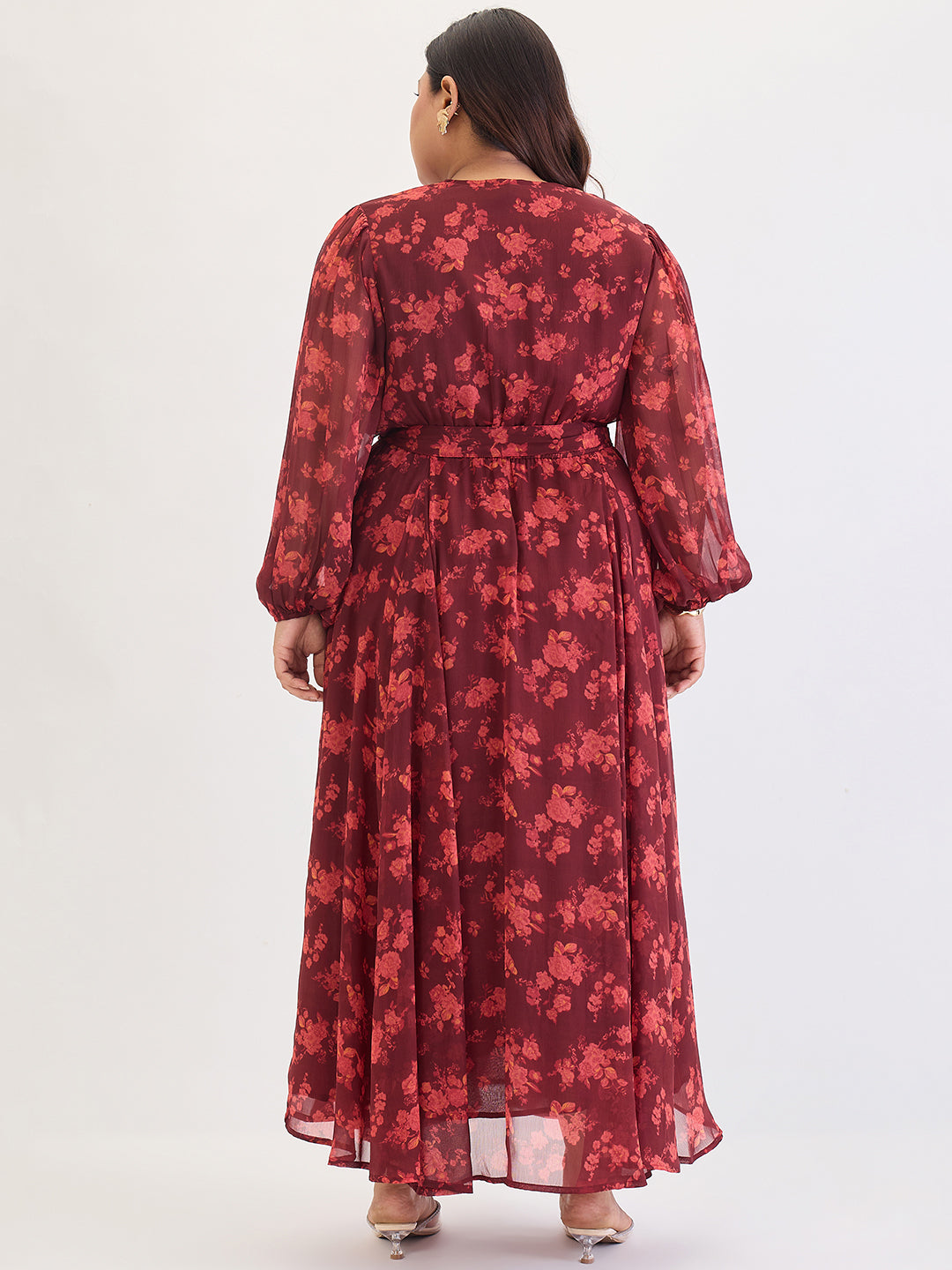 Maroon Floral Print Wrap Maxi Dress
