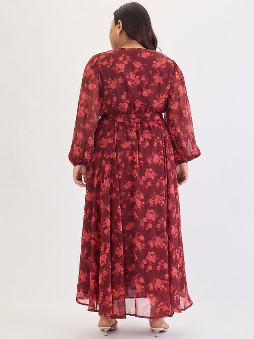 Maroon Floral Print Wrap Maxi Dress