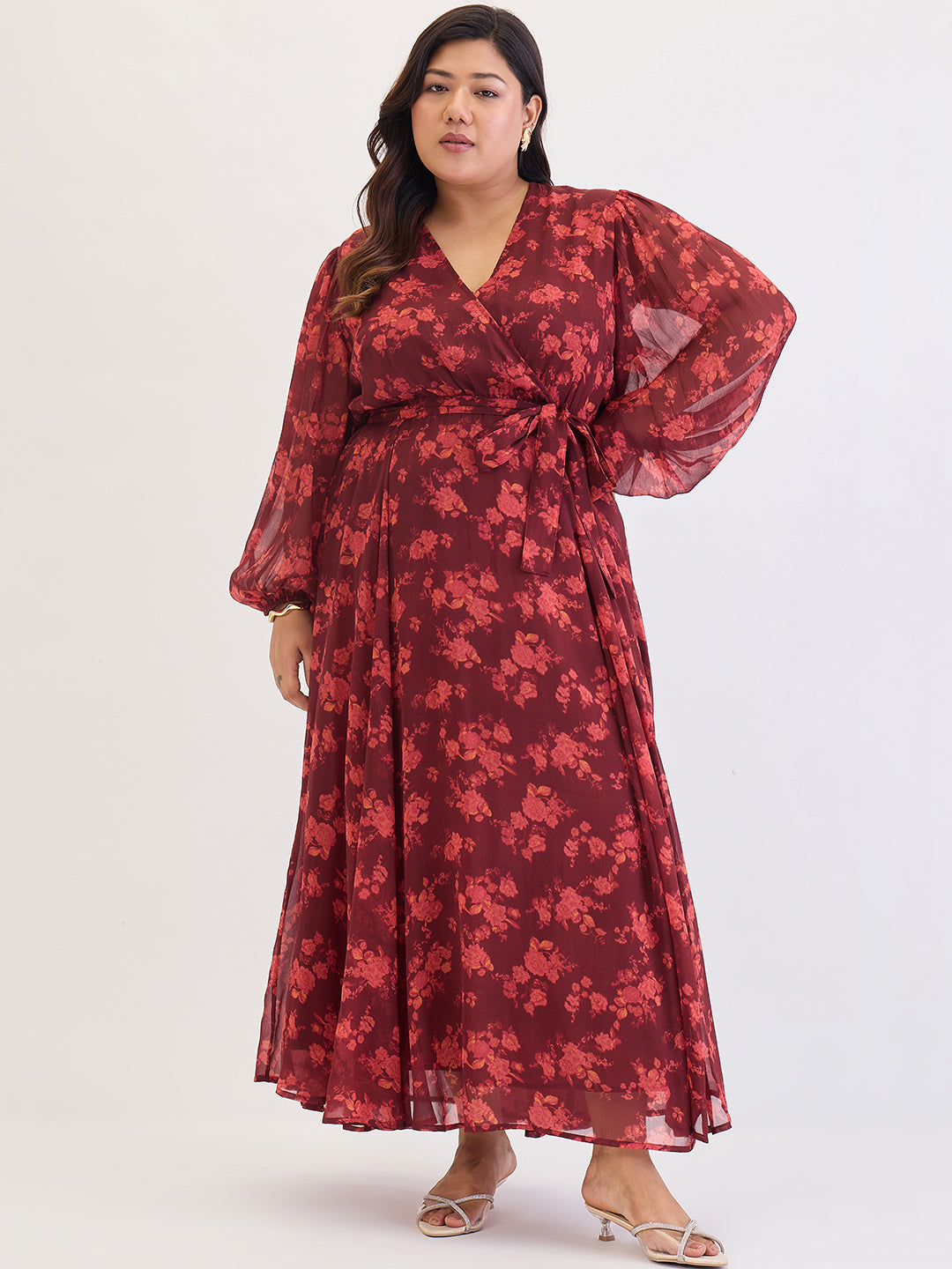 Maroon Floral Print Wrap Maxi Dress
