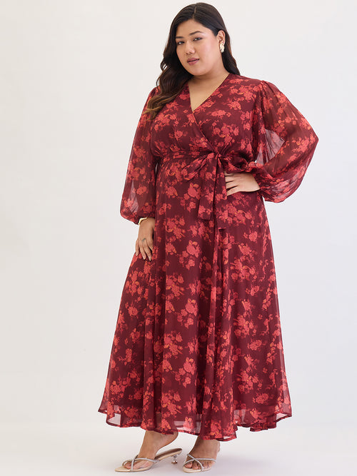 Maroon Floral Print Wrap Maxi Dress