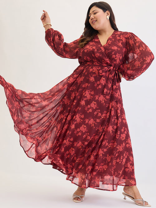 Maroon Floral Print Wrap Maxi Dress