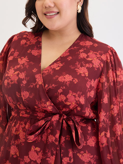 Maroon Floral Print Wrap Maxi Dress