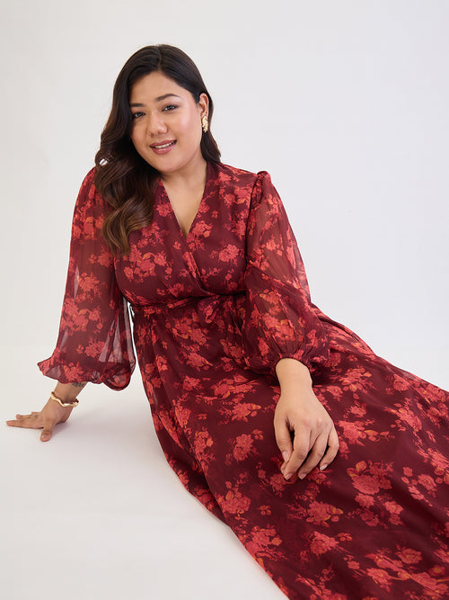 Maroon Floral Print Wrap Maxi Dress