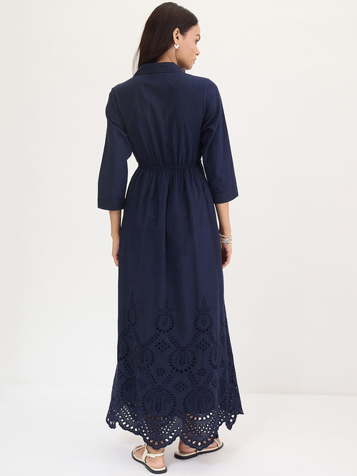 Navy Schiffli Shirt Maxi Dress