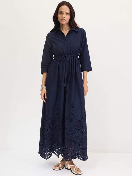 Navy Schiffli Shirt Maxi Dress