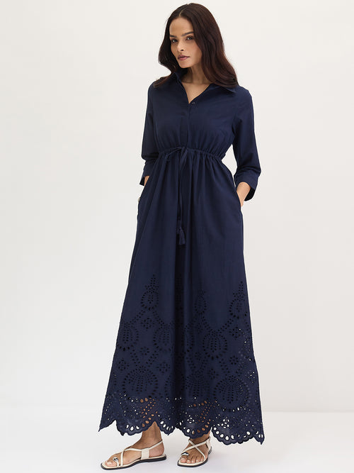 Navy Schiffli Shirt Maxi Dress