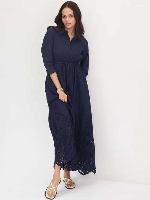 Navy Schiffli Shirt Maxi Dress