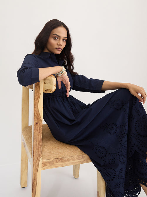 Navy Schiffli Shirt Maxi Dress