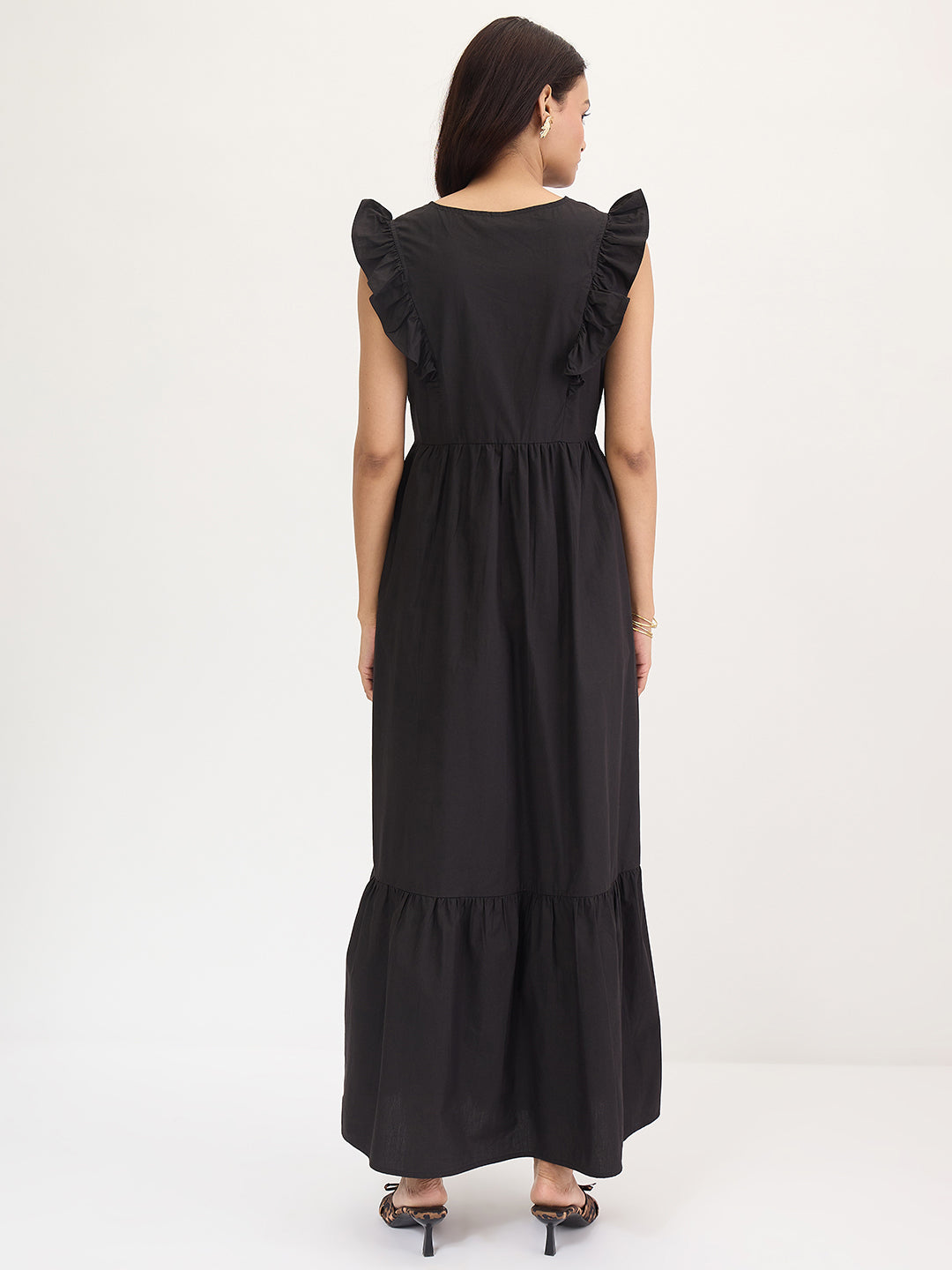 Black Poplin Ruffle Maxi Dress