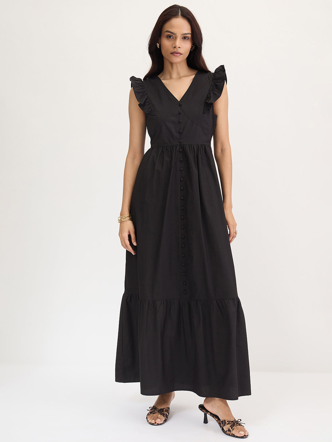 Black Poplin Ruffle Maxi Dress