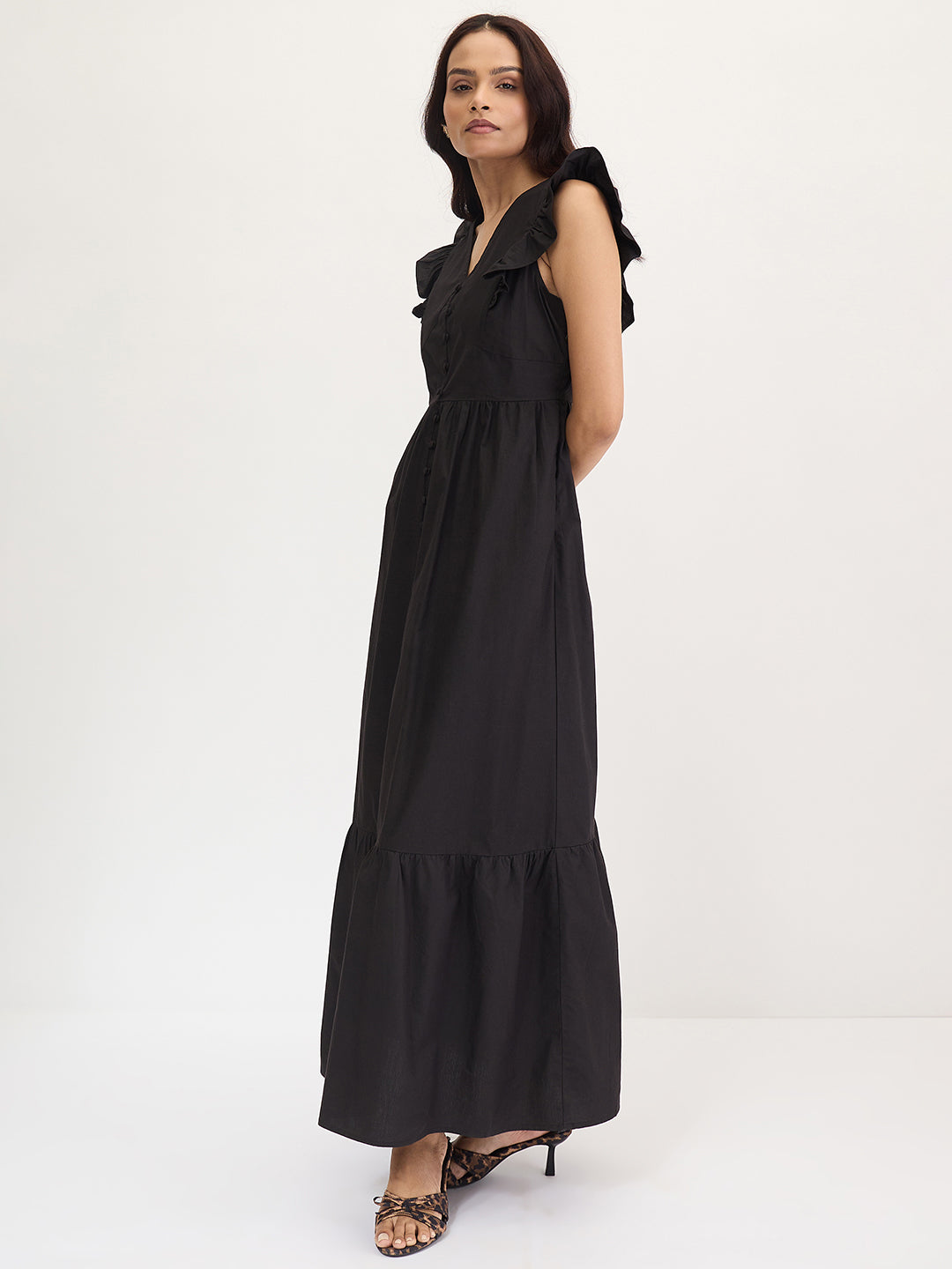Black Poplin Ruffle Maxi Dress