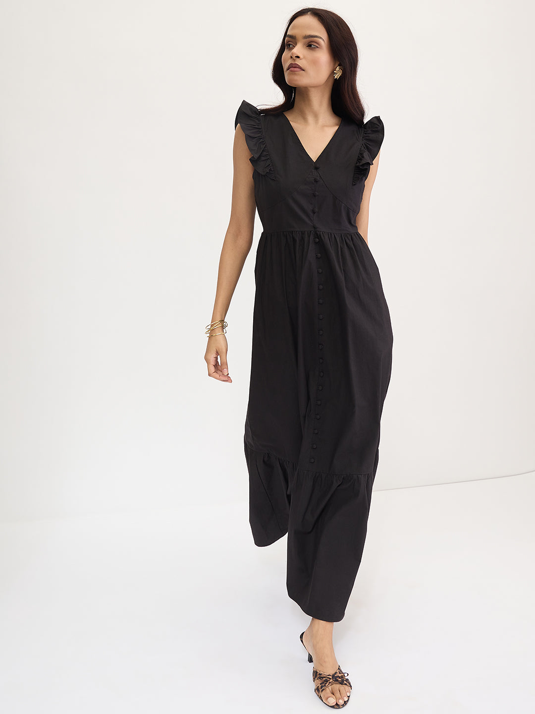 Black Poplin Ruffle Maxi Dress