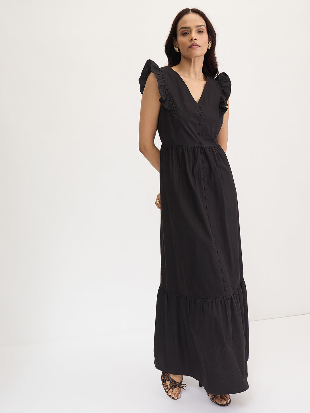 Black Poplin Ruffle Maxi Dress