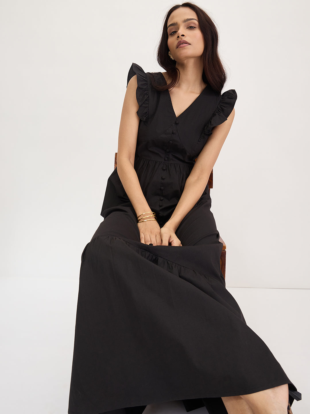 Black Poplin Ruffle Maxi Dress
