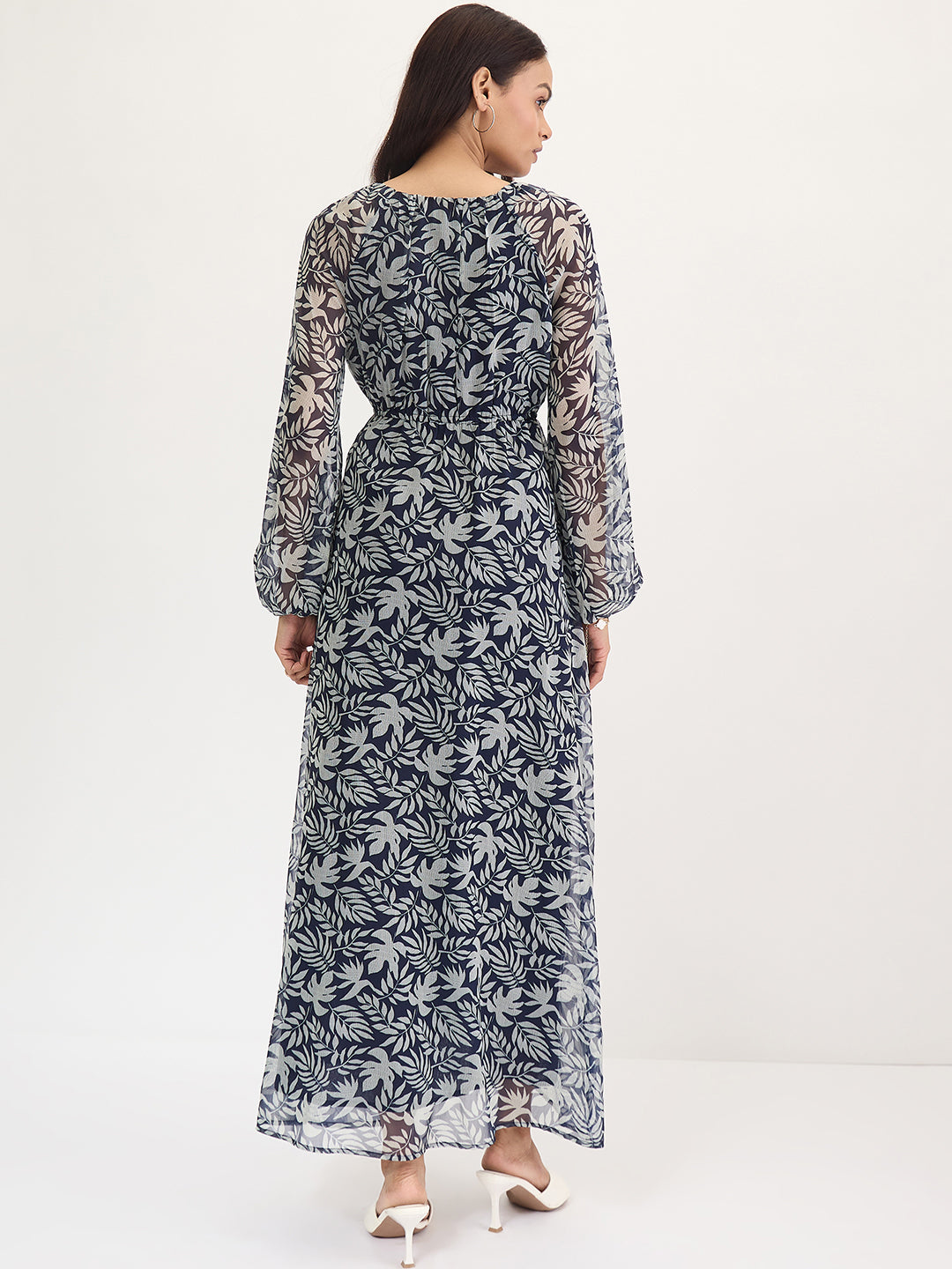 Navy And White Leaf Print Maxi Dress