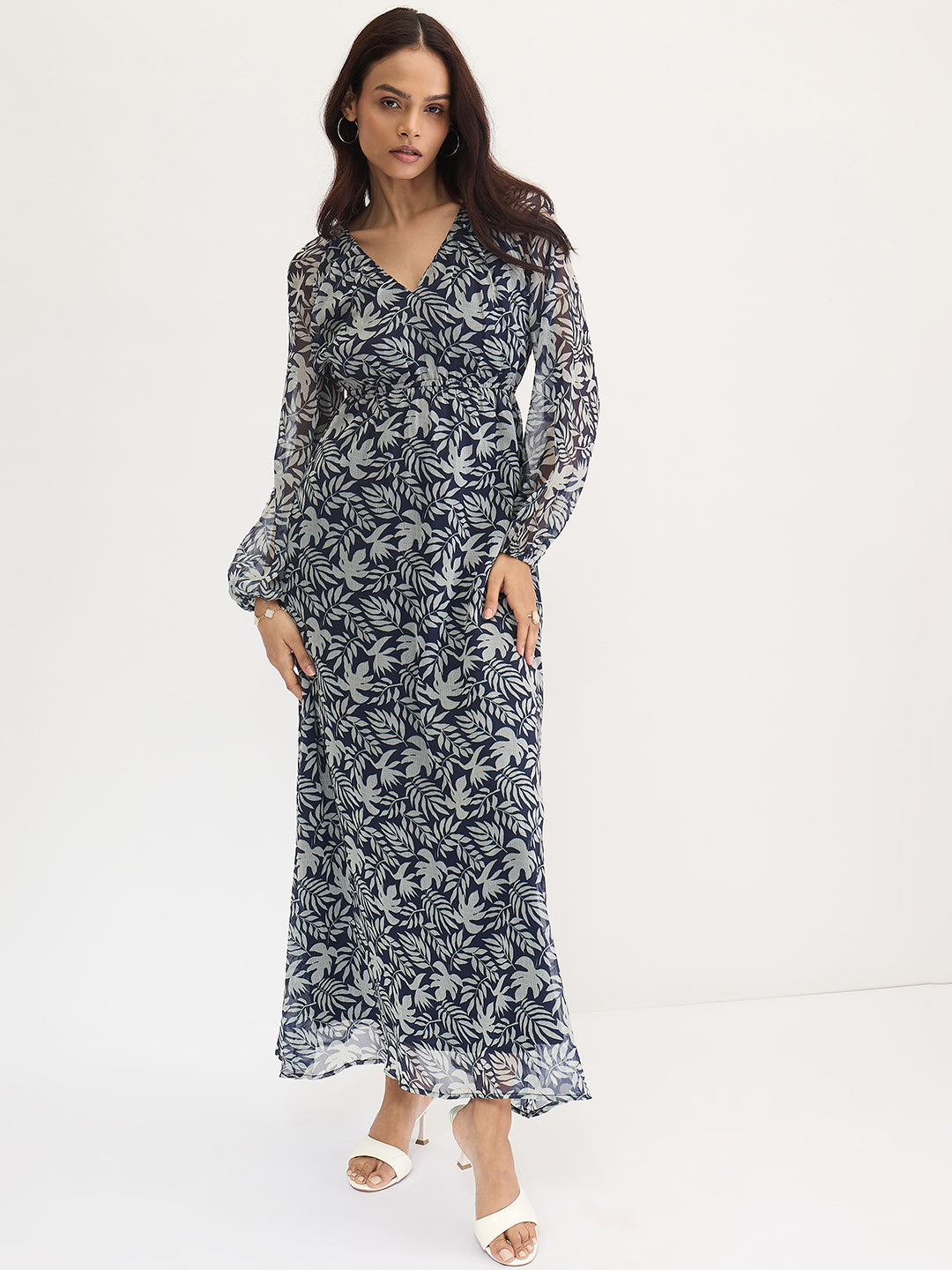 Navy And White Leaf Print Maxi Dress