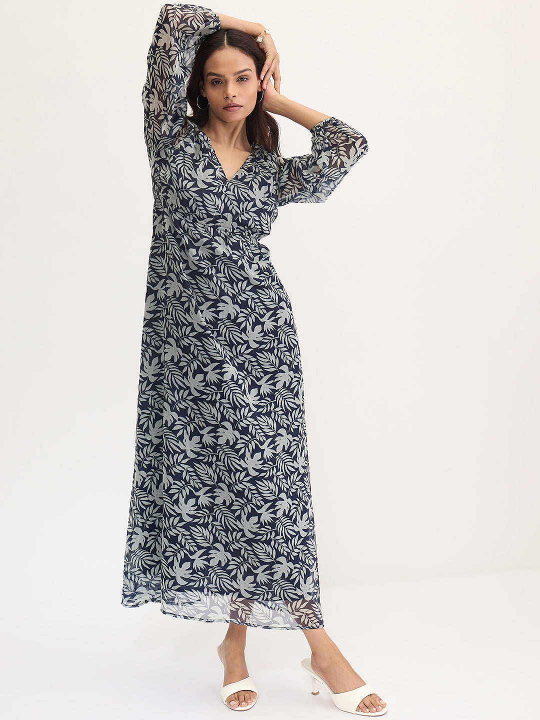 Navy And White Leaf Print Maxi Dress