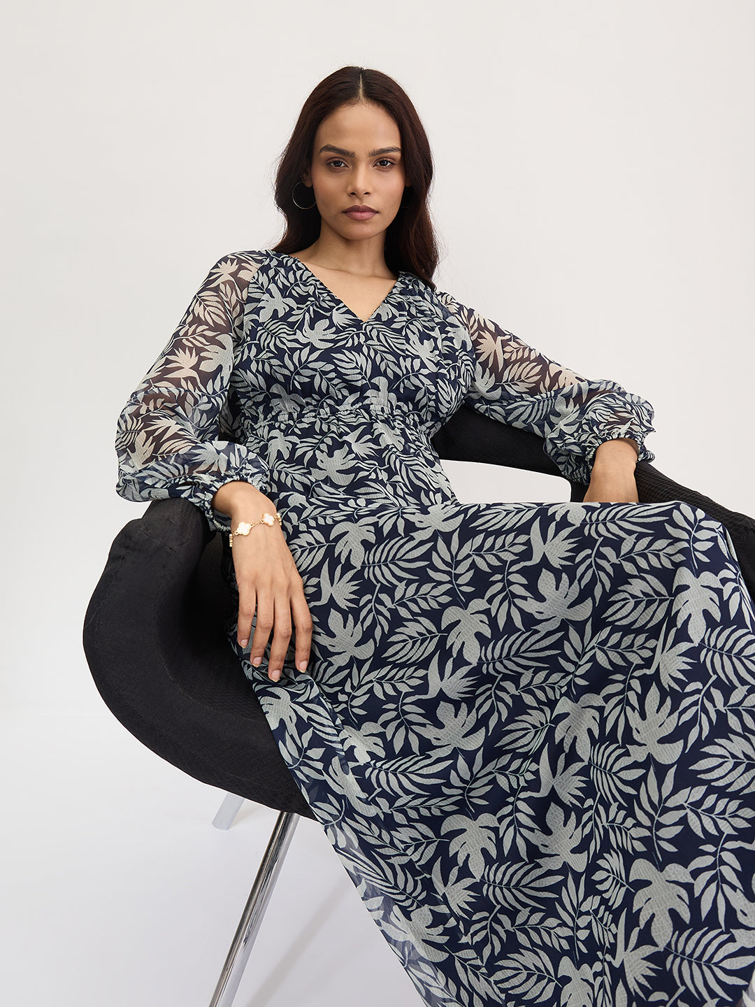 Navy And White Leaf Print Maxi Dress