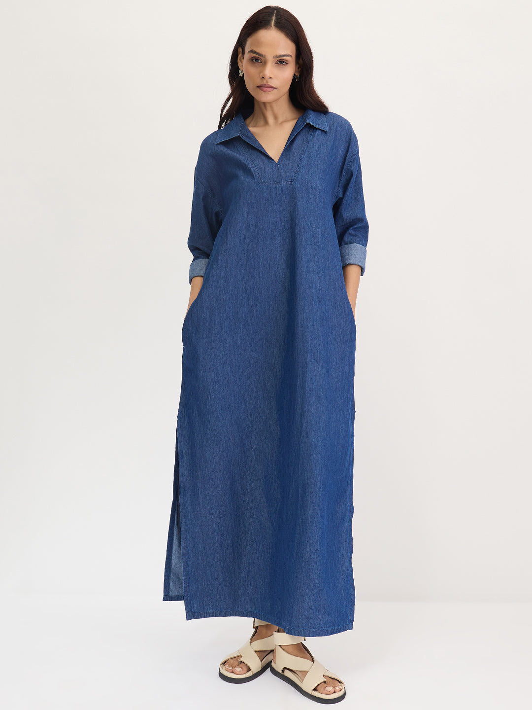 Navy Blue Slit Detail Denim Maxi Dress