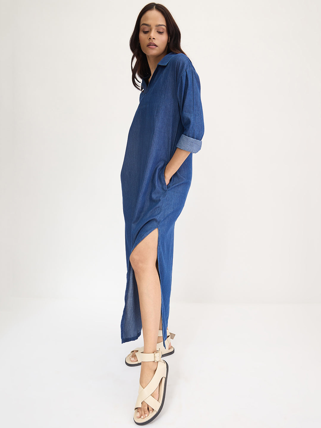 Navy Blue Slit Detail Denim Maxi Dress