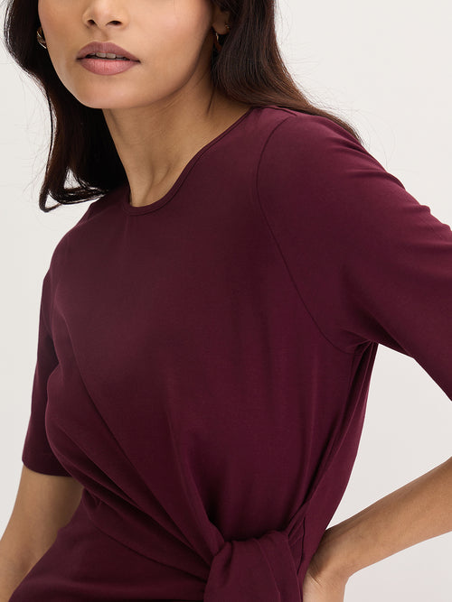 Wine Cotton Knit Tie-Up Maxi Dress