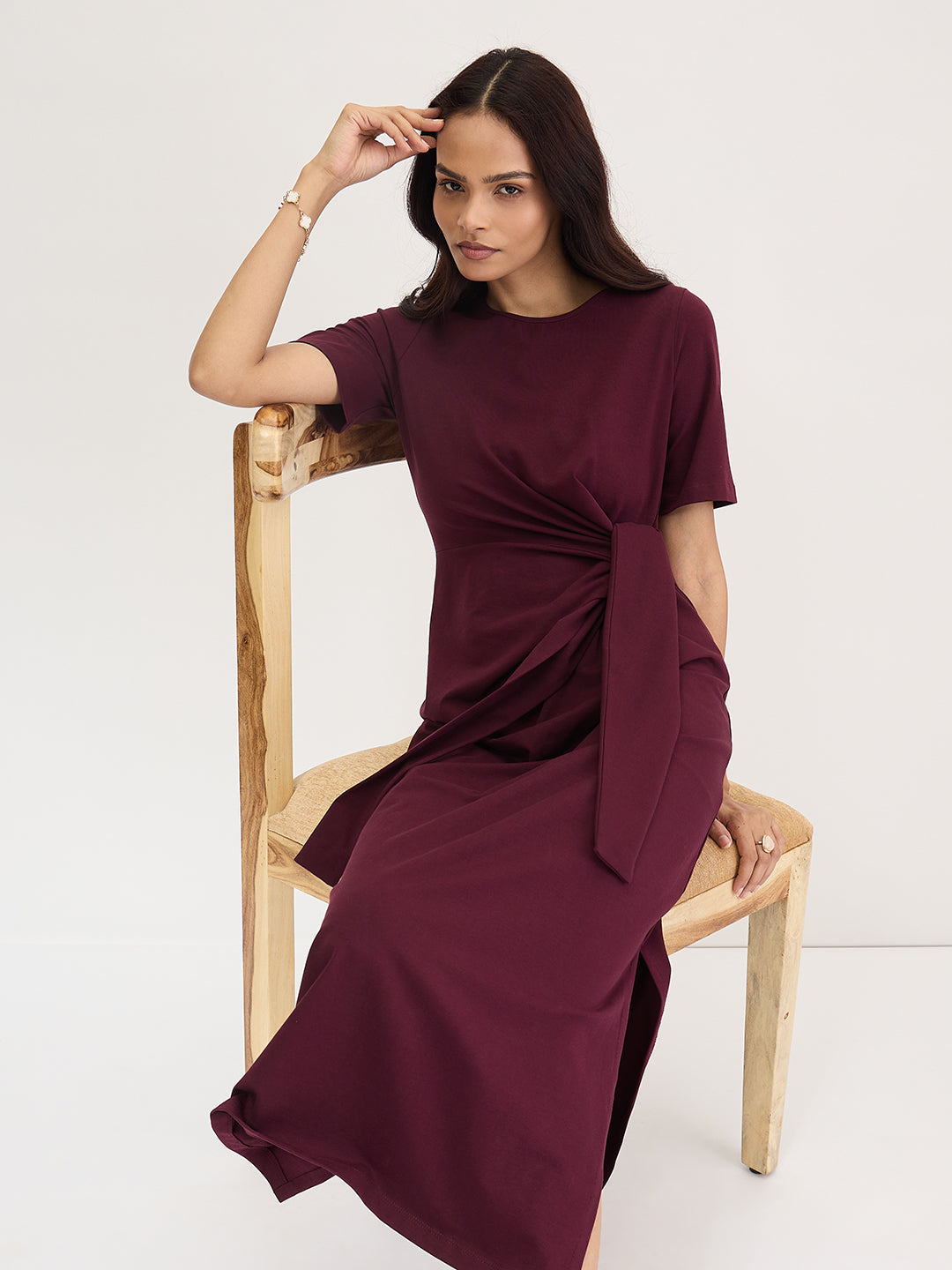 Wine Cotton Knit Tie-Up Maxi Dress