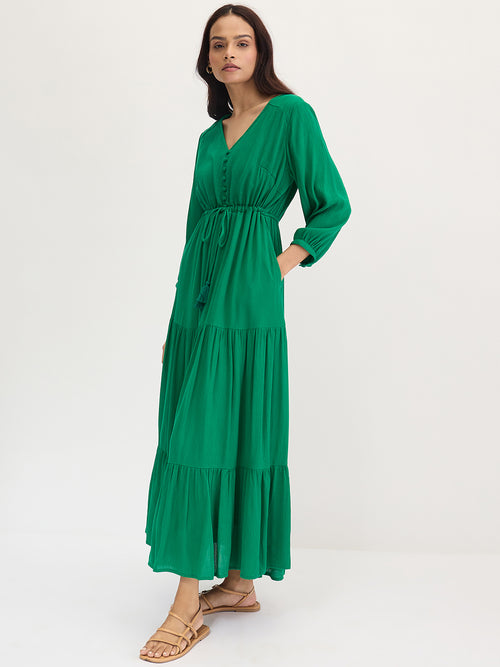 Bright Green Crinkled Tiered Maxi Dress